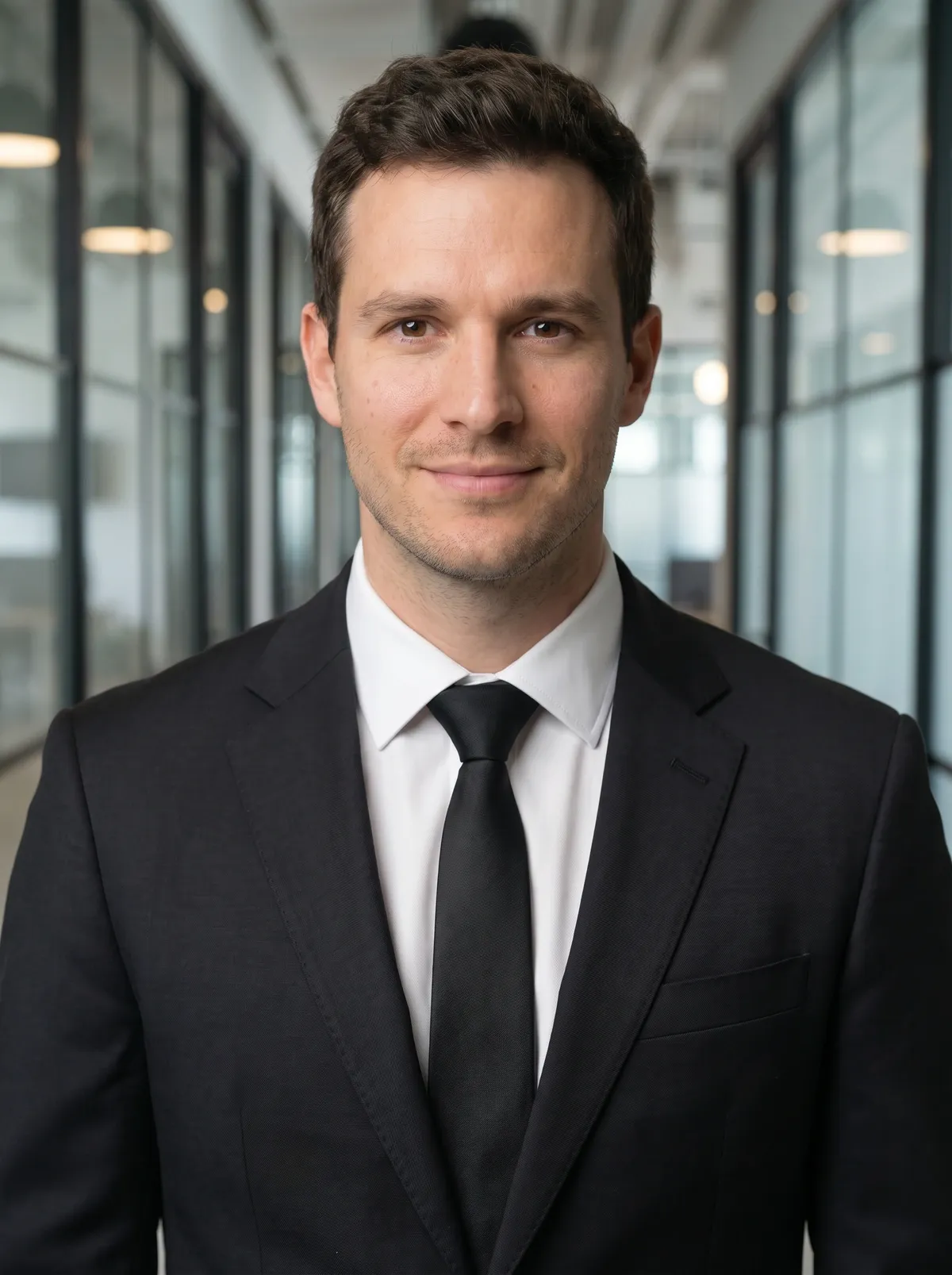 Black suit with shirt · Office corridor
